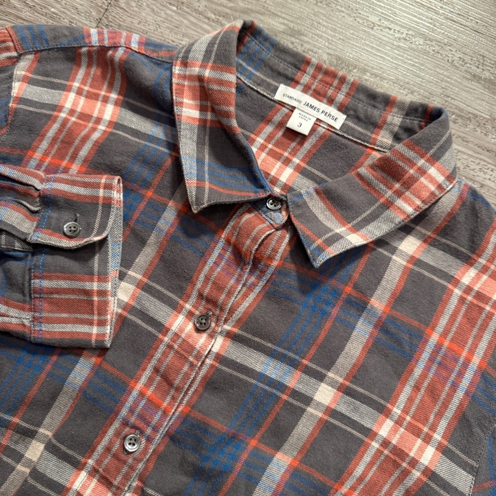 James Perse Shirt Womens 3 Gray Orange Plaid Cotton Flannel Casual Minimalist